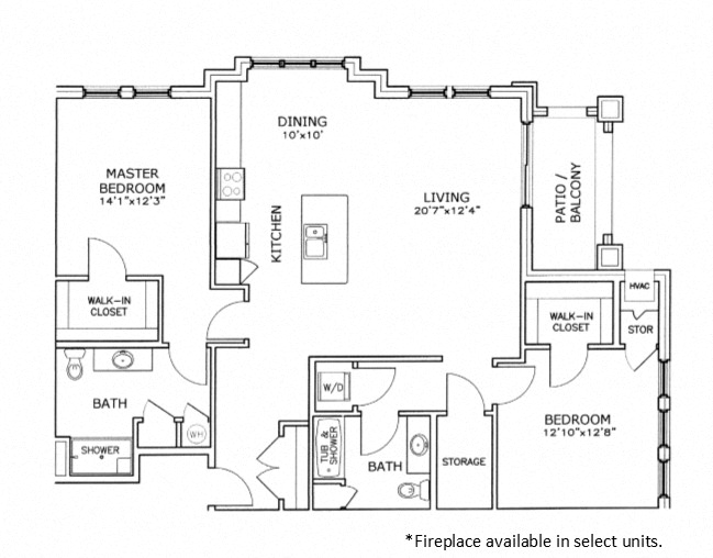 Floor plan for 2 beds, 2 baths, 1386 sqft